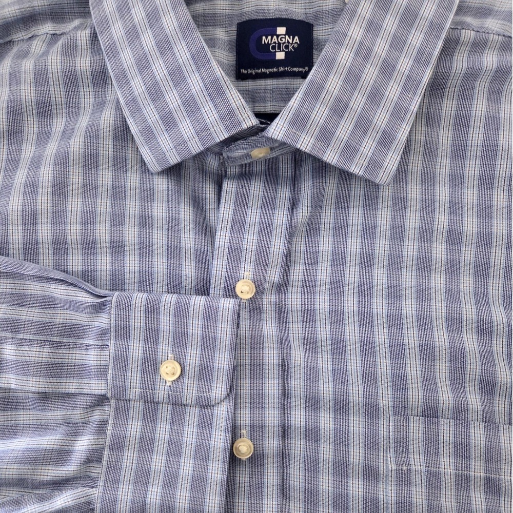 MagnaClick Mens XL Blue White Plaid Magnetic Closure Adaptive Dress Shirt XL
